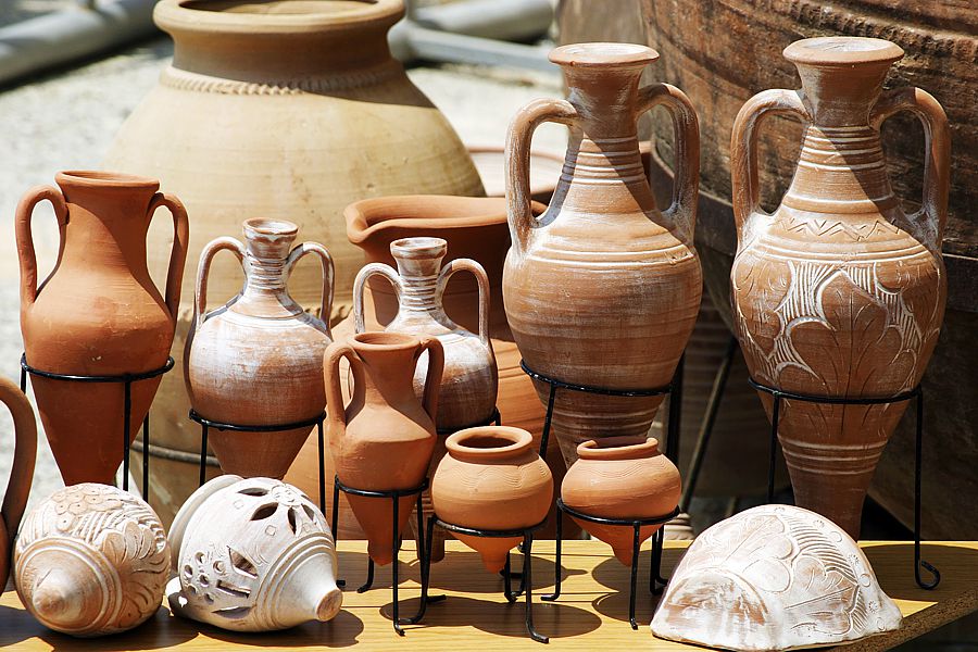Traditional clay pots on display showing the traditional style handed down.