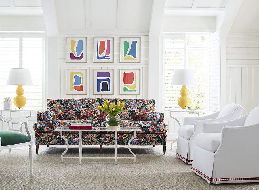 A floral sofa takes center stage in this otherwise contemporary room.