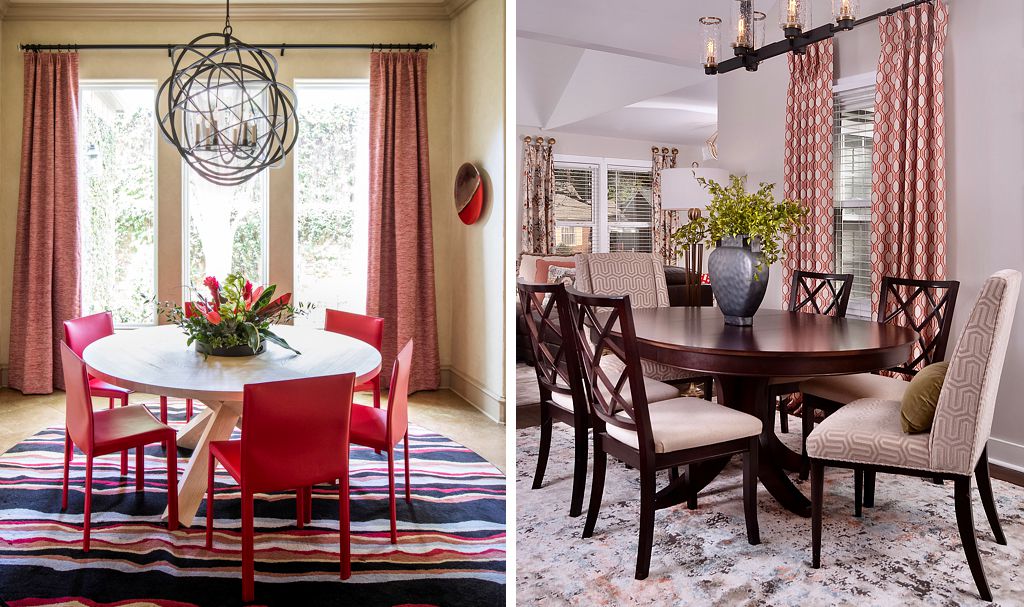 Two pink dining rooms with very different styles.